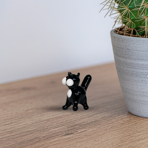 Black Straight Tail Cat Figurine, Mini Glass Murano Quality Lampworking Glass Figurine, Hand Made In Ukraine, A Great Addition To Your Collection