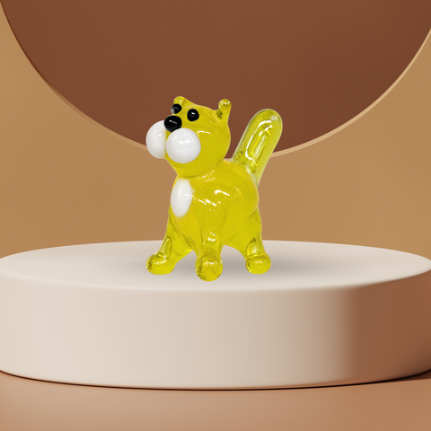Yellow Straight Tail Cat Figurine, Mini Glass Murano Quality Lampworking Glass Figurine, Hand Made In Ukraine, A Great Addition To Your Collection