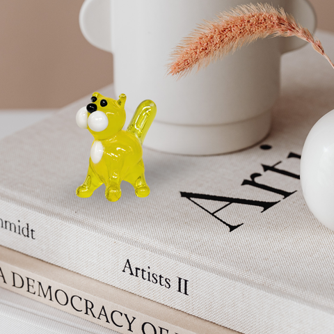 Yellow Straight Tail Cat Figurine, Mini Glass Murano Quality Lampworking Glass Figurine, Hand Made In Ukraine, A Great Addition To Your Collection
