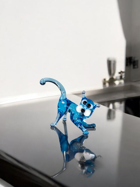 Light Blue Glass Cat Figurine, Handmade Murano Quality Design - Small