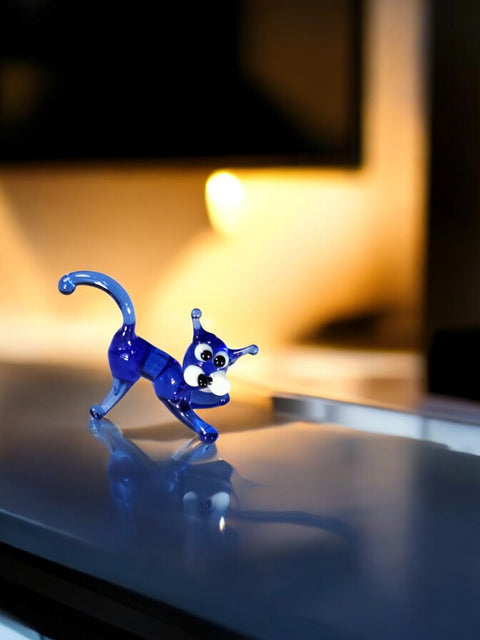 Blue Glass Cat Figurine, Handmade Murano Quality Design - Small