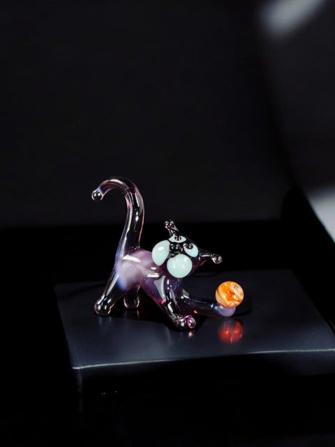 Purple Glass Cat N Ball Figurine, Handmade Quality Design - Small