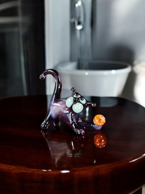 Purple Glass Cat N Ball Figurine, Handmade Quality Design - Small