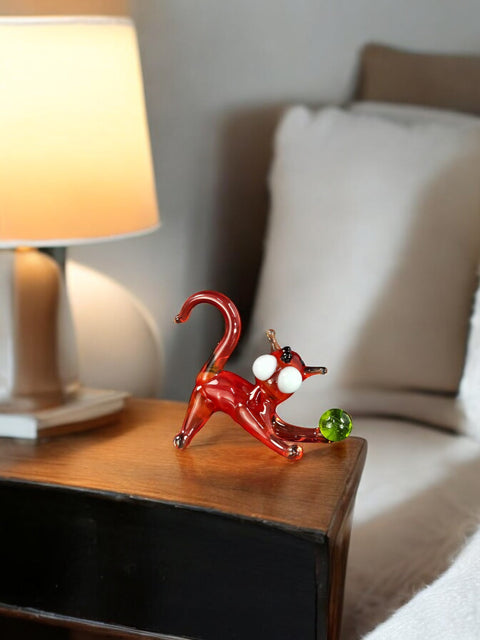 Red Glass Cat N Ball Figurine, Handmade Murano Quality Design - Small