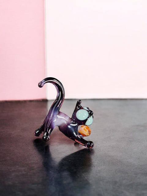 Purple Glass Cat N Ball Figurine, Handmade Quality Design - Small