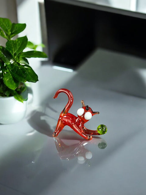 Red Glass Cat N Ball Figurine, Handmade Murano Quality Design - Small