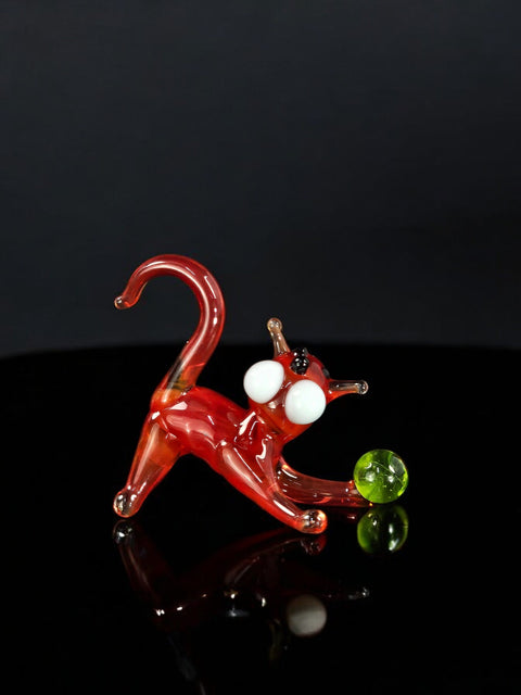 Red Glass Cat N Ball Figurine, Handmade Murano Quality Design - Small