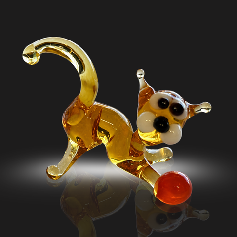 Amber Glass Cat N Ball Figurine, Mini Glass Murano Quality Lampworking Glass Figurine, Hand Made In Ukraine, A Great Addition To Your Collection