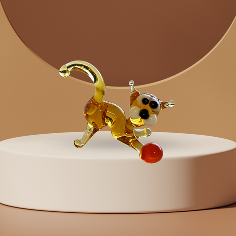 Amber Glass Cat N Ball Figurine, Mini Glass Murano Quality Lampworking Glass Figurine, Hand Made In Ukraine, A Great Addition To Your Collection