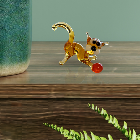 Amber Glass Cat N Ball Figurine, Mini Glass Murano Quality Lampworking Glass Figurine, Hand Made In Ukraine, A Great Addition To Your Collection
