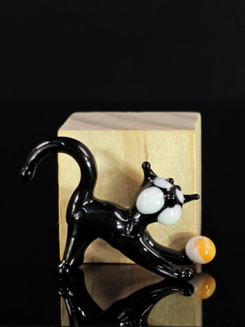 Black Glass Cat N Ball Figurine, Handmade Murano Quality Design - Small