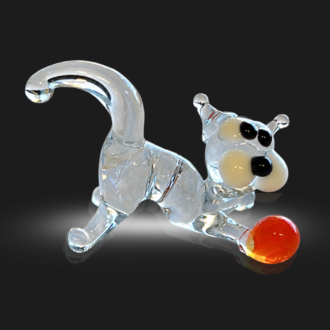 Clear Glass Cat N Ball Figurine, Mini Glass Murano Quality Lampworking Glass Figurine, Hand Made In Ukraine, A Great Addition To Your Collection
