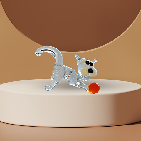 Clear Glass Cat N Ball Figurine, Mini Glass Murano Quality Lampworking Glass Figurine, Hand Made In Ukraine, A Great Addition To Your Collection