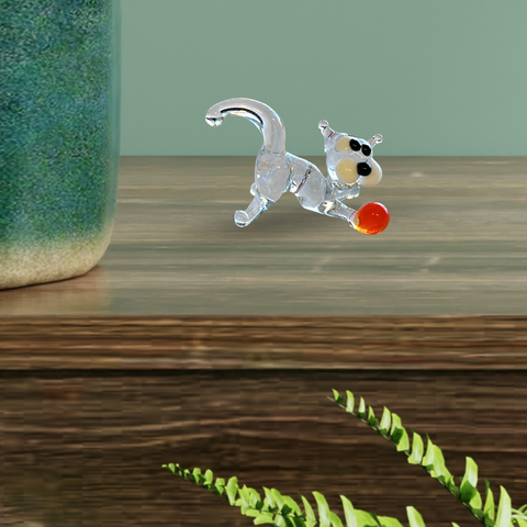 Clear Glass Cat N Ball Figurine, Mini Glass Murano Quality Lampworking Glass Figurine, Hand Made In Ukraine, A Great Addition To Your Collection