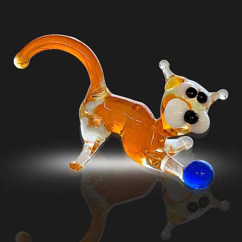 Orange Cat N Ball Figurine, Mini Glass Murano Quality Lampworking Glass Figurine, Hand Made In Ukraine, A Great Addition To Your Collection