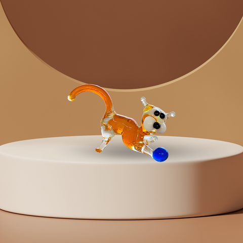 Orange Cat N Ball Figurine, Mini Glass Murano Quality Lampworking Glass Figurine, Hand Made In Ukraine, A Great Addition To Your Collection