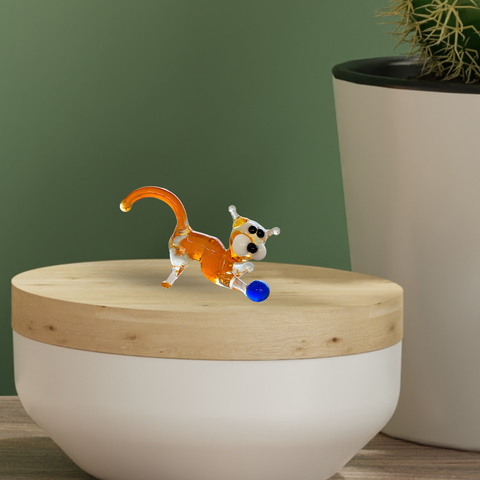 Orange Cat N Ball Figurine, Mini Glass Murano Quality Lampworking Glass Figurine, Hand Made In Ukraine, A Great Addition To Your Collection