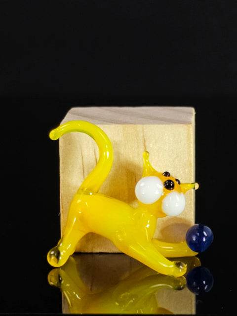 Yellow Glass Cat N Ball Figurine, Hand Made Murano Quality Design - Small