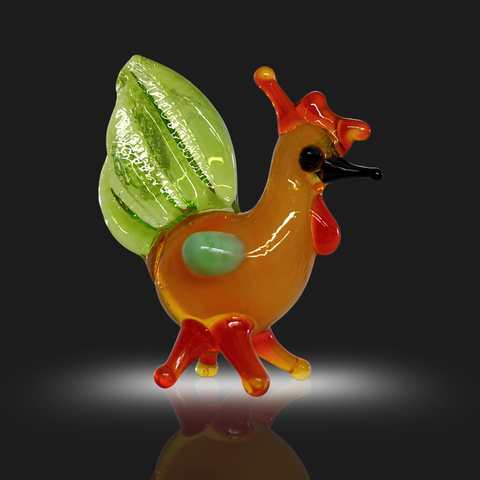 Green Tail Rooster Figurine, Mini Glass Murano Quality Lampworking Glass Figurine, Hand Made In Ukraine, A Great Addition To Your Collection