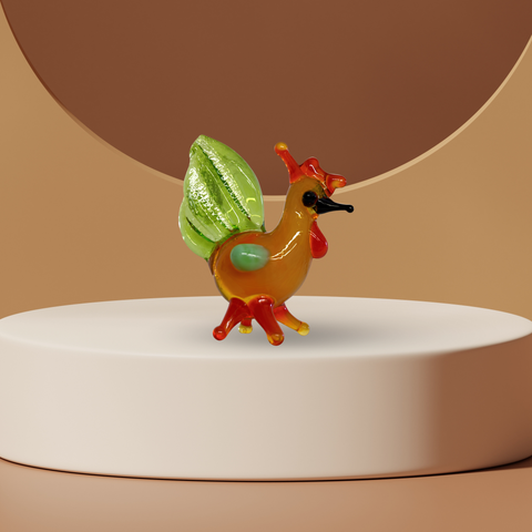 Green Tail Rooster Figurine, Mini Glass Murano Quality Lampworking Glass Figurine, Hand Made In Ukraine, A Great Addition To Your Collection