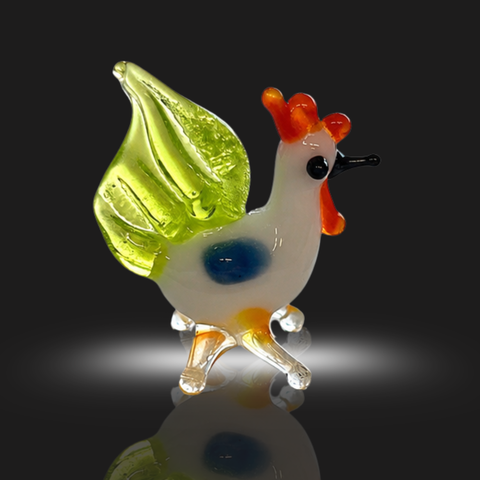 White Rooster Figurine, Mini Glass Murano Quality Lampworking Glass Figurine, Hand Made In Ukraine, A Great Addition To Your Collection