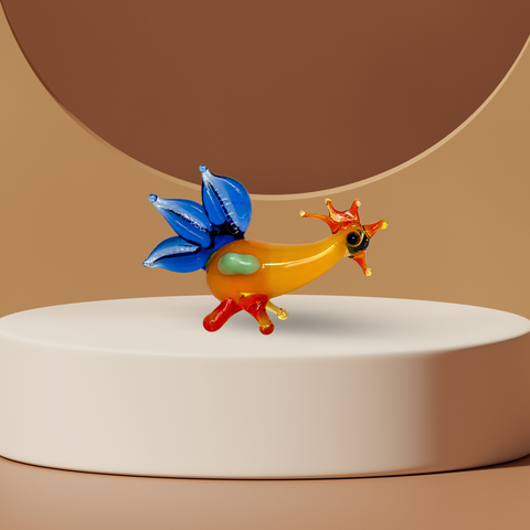 Blue Tail, Long Neck Rooster Figurine, Mini Glass Murano Quality Lampworking Glass Figurine, Hand Made In Ukraine, A Great Addition To Your Collection