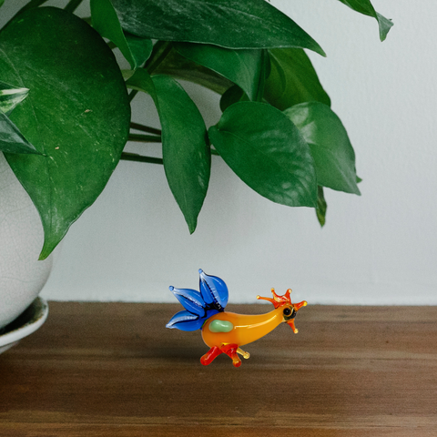 Blue Tail, Long Neck Rooster Figurine, Mini Glass Murano Quality Lampworking Glass Figurine, Hand Made In Ukraine, A Great Addition To Your Collection