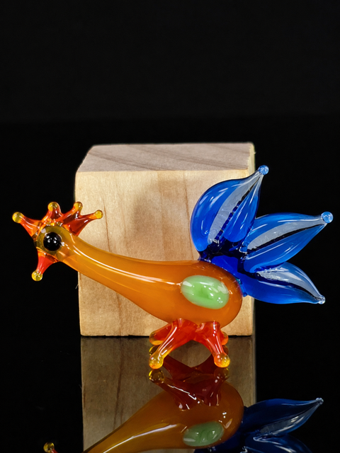 Blue Tail, Long Neck Rooster Figurine, Mini Glass Murano Quality Lampworking Glass Figurine, Hand Made In Ukraine, A Great Addition To Your Collection