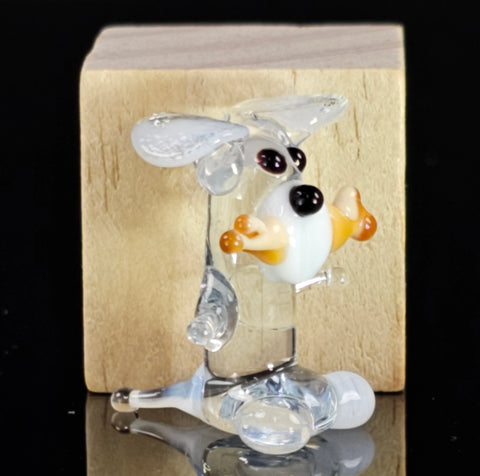 White Glass Dog W Bone Figurine, Handmade Murano Quality Design - Small