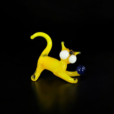 Yellow Glass Cat N Ball Figurine, Hand Made Murano Quality Design - Small