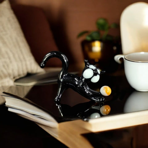 Black Glass Cat N Ball Figurine, Handmade Murano Quality Design - Small