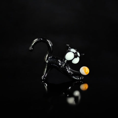 Black Glass Cat N Ball Figurine, Handmade Murano Quality Design - Small