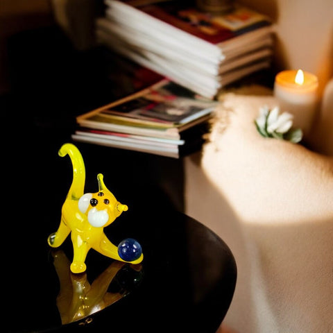 Yellow Glass Cat N Ball Figurine, Hand Made Murano Quality Design - Small