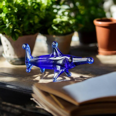 Blue Glass Shark Figurine, Handmade Murano Quality Design - Small