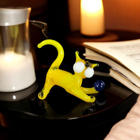 Yellow Glass Cat N Ball Figurine, Hand Made Murano Quality Design - Small