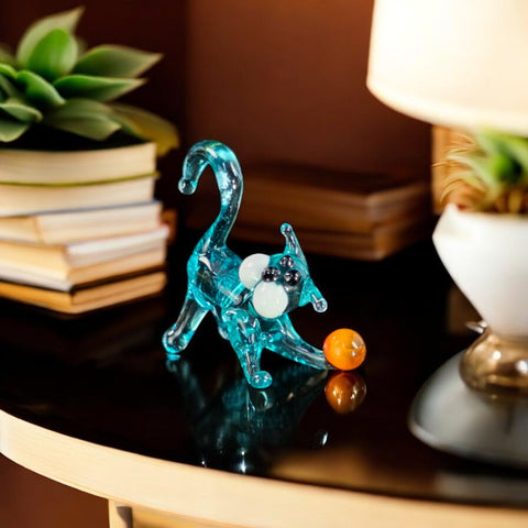 Light Blue Glass Cat N Ball Figurine, Handmade Murano Quality Design - Small