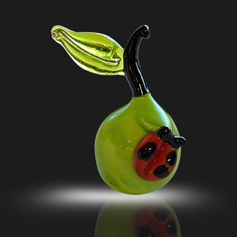 Green Pear With Ladybug Figurine, Mini Glass Murano Quality Lampworking Glass Figurine, Hand Made In Ukraine, A Great Addition To Your Collection
