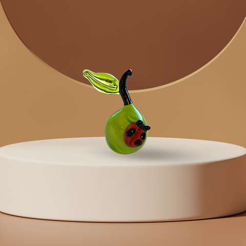 Green Pear With Ladybug Figurine, Mini Glass Murano Quality Lampworking Glass Figurine, Hand Made In Ukraine, A Great Addition To Your Collection