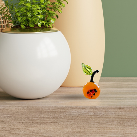 Orange Pear With Ladybug Figurine, Mini Glass Murano Quality Lampworking Glass Figurine, Hand Made In Ukraine, A Great Addition To Your Collection