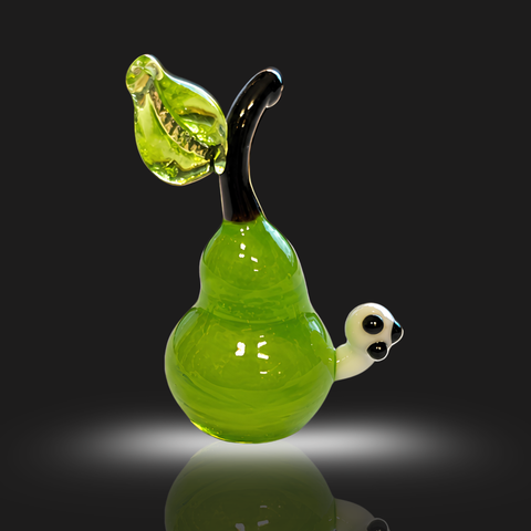 Green Pear With Worm Figurine, Mini Glass Murano Quality Lampworking Glass Figurine, Hand Made In Ukraine, A Great Addition To Your Collection