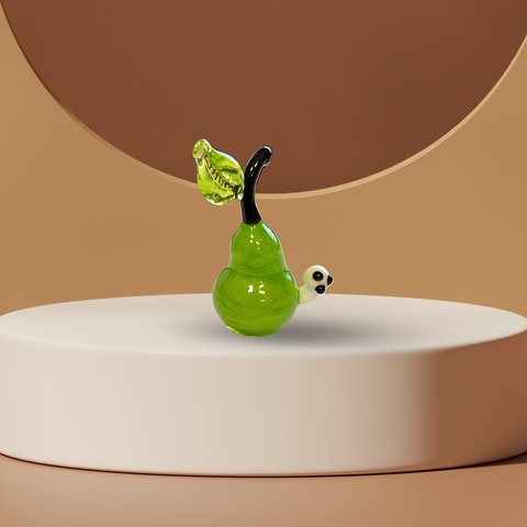 Green Pear With Worm Figurine, Mini Glass Murano Quality Lampworking Glass Figurine, Hand Made In Ukraine, A Great Addition To Your Collection