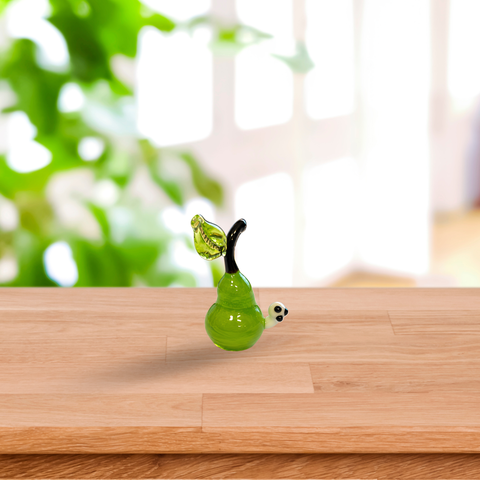 Green Pear With Worm Figurine, Mini Glass Murano Quality Lampworking Glass Figurine, Hand Made In Ukraine, A Great Addition To Your Collection
