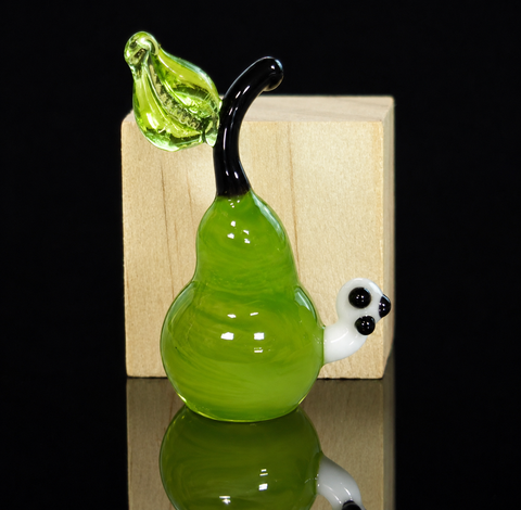 Green Pear With Worm Figurine, Mini Glass Murano Quality Lampworking Glass Figurine, Hand Made In Ukraine, A Great Addition To Your Collection