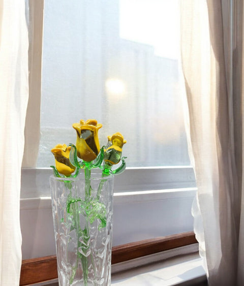 Yellow Glass Rose - Handcrafted Medium Stem Flower