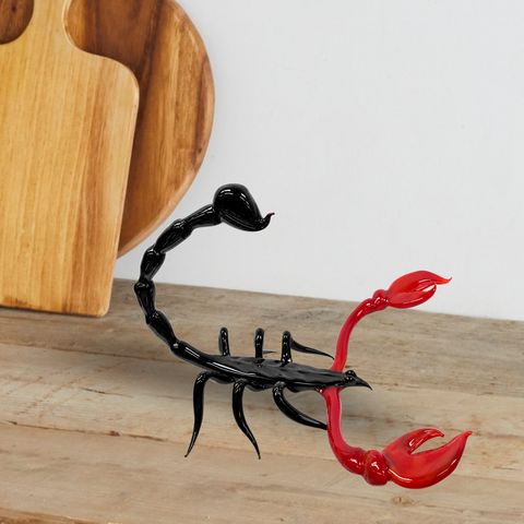 Black Glass Scorpion With Red Claws Figurine, Handmade Murano Quality Design - Large