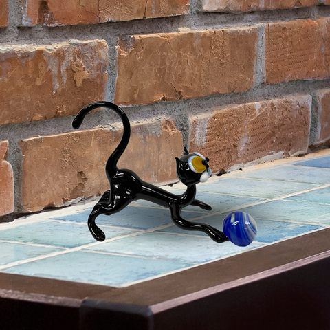 Glass Black Cat w Ball Figurine, Collectible Glass Cat, Murano Quality Gift At A Fraction Of The Price, Handcrafted In Ukraine