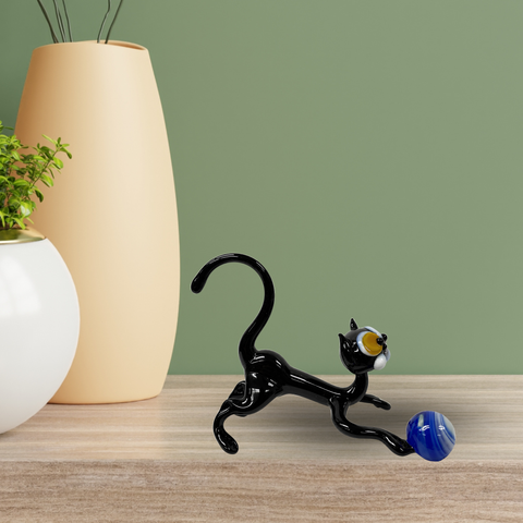 Glass Black Cat w Ball Figurine, Collectible Glass Cat, Murano Quality Gift At A Fraction Of The Price, Handcrafted In Ukraine