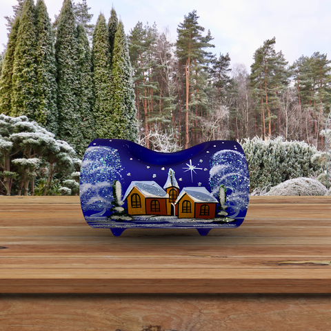 Blue Glass Single Candle Holder, Hand Crafted in Ukraine, Brown Church Winter Wonderland, Wonderful Year Round
