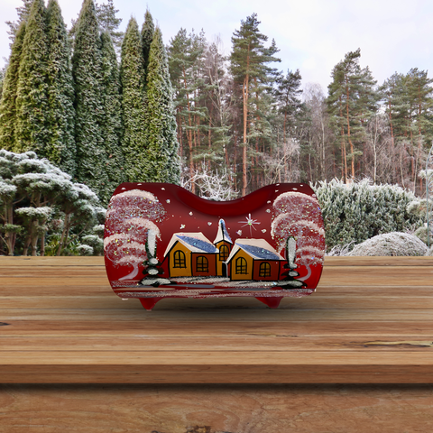 Red Glass Single Candle Holder, Hand Crafted in Ukraine, Brown Church Winter Wonderland, Wonderful Year Round