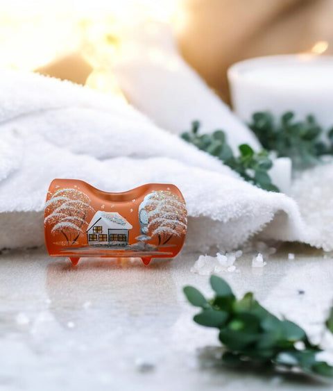 Orange Glass Single Candle Holder, Hand Crafted in Ukraine, White Cabin Winter Wonderland, Wonderful Year Round